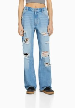 BERSHKA Wide-Leg RippedJeans A ZampaLight Blue Denim Donna Jeans BEJ21N0G5-K12
