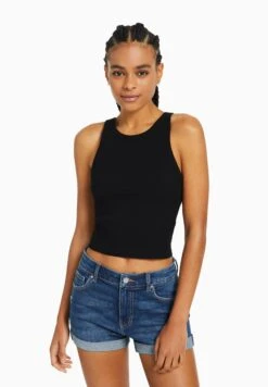 BERSHKA Roll-Up - Shorts Di Jeans - Dark Blue