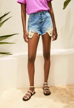 Next Crochet Pocket Cotton Denim ShortsShorts Di JeansMid Blue Donna Shorts NX321S0CQ-K11