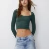 PULL & BEAR Trim DetailMaglietta A Manica LungaDark Green Donna T-shirt E Top PUC21D2KG-M11